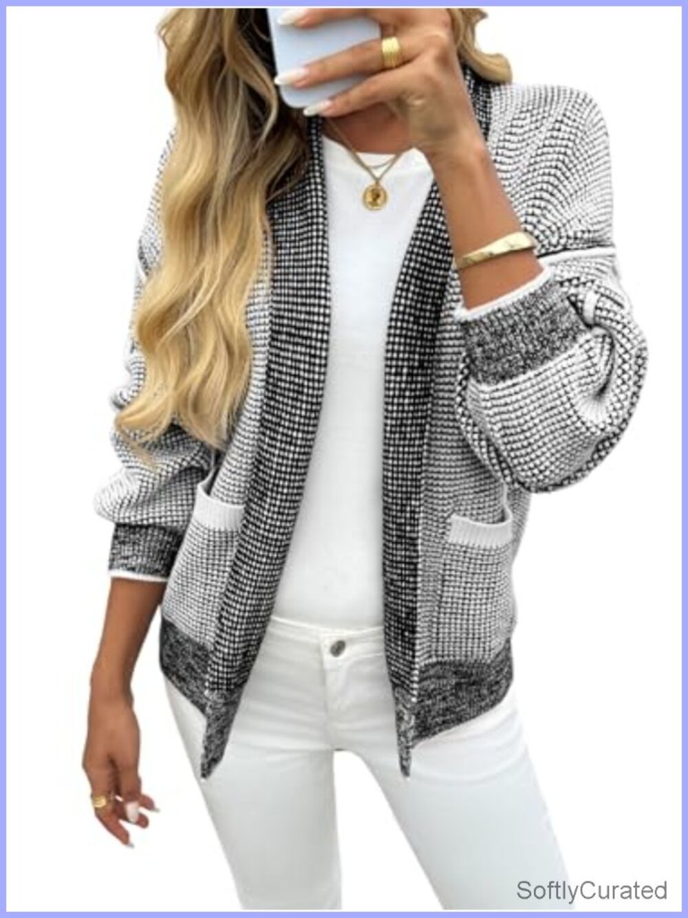 Waffle Knit Open Front Cardigan Shawl Collar Side Pockets Long Sleeve Loose